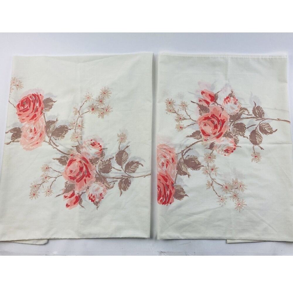 Vintage DAN RIVER Pillowcases Roses Peach Orange No Iron USA Fortrel Tranquale